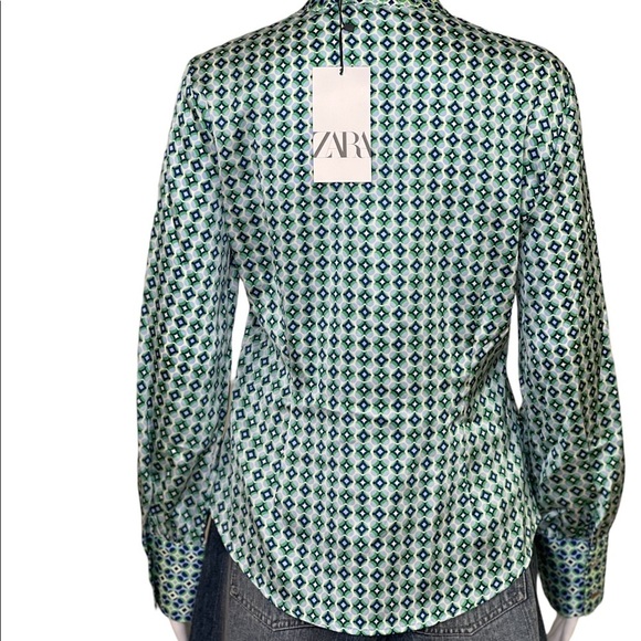 Zara Women Size M Blouse Collarless Long Sleeve Shirt Blue Green Geometric New - Picture 9 of 13